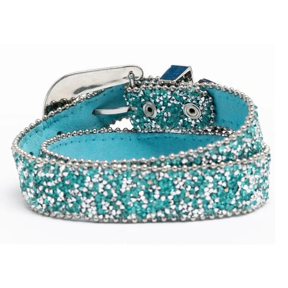 SHYANNE GIRLS' SHIMMER GLITZ Teal Rhinestone Western Genuine Leather Belt Sz 24